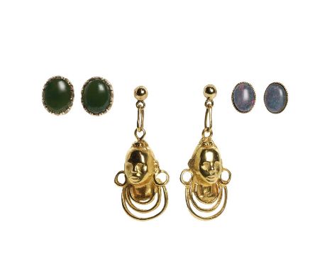 A small group of stud earrings, a pair of 9ct gold nephrite stud earrings,each with an oval nephrite cabochon, to post and bu