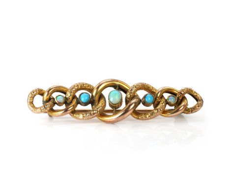 A graduated curb link opal and turquoise bar brooch, with chased decoration, to a pin and C catch, marked 9CT, tested as appr