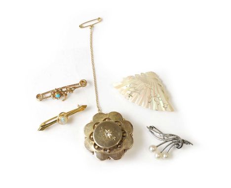 A group of gold, silver and base metal brooches, comprising an opal bar brooch, 38mm long, tested as approximately 18ct gold,