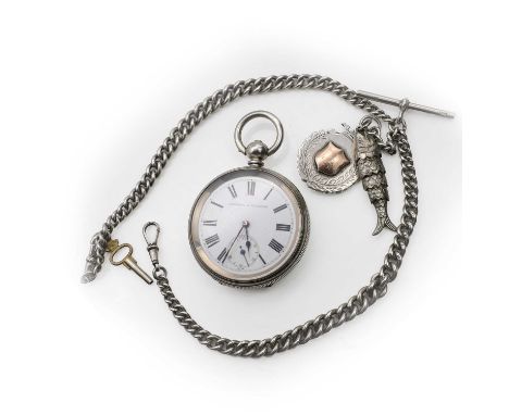 A silver key wind open faced pocket watch and an Albert chain, with a 51mm diameter engine turned case, a white enamel dial, 