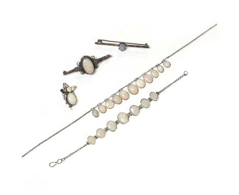 A collection of silver and opal Arts & Crafts brooches, and Edwardian jewellery, to include a silver opal bar brooch, with a 
