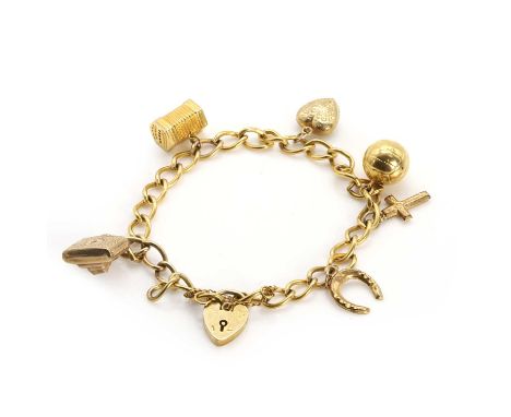 A 9ct gold charm bracelet, a hollow curb link chain, each link stamped 9.375, to a heart shaped padlock, Birmingham 1960, sus