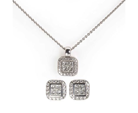 An 18ct white gold diamond pendant and earring set, the pendant illusion set with four princess cut diamonds in a square fram