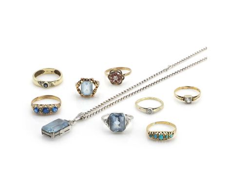 A group of gold and silver jewellery, comprising:a group of gold rings,to include a five stone turquoise ring, tested as appr
