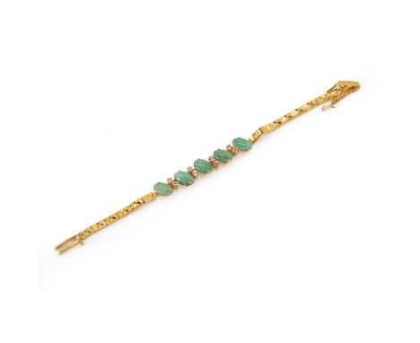 A gold diamond and jade bracelet, set with five oval jade cabochons, set at an angle, claw set, alternating between two round