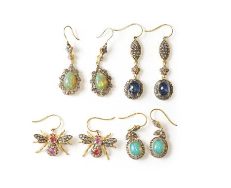 A group of silver gilt, rose cut diamond and gemstone jewellery, to include:a pair of silver gilt bee earrings, set with pink