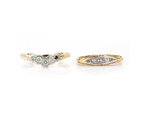 Two diamond five stone rings, a 9ct gold diamond ring, with a row of graduated round brilliant cut diamonds, one loose, grain