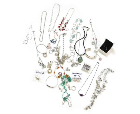 A collection of silver and costume jewellery, to include a David Anderson pair of earrings in the form of a leaf, with white 