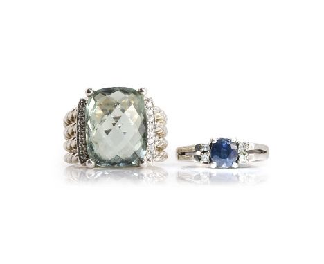 A silver and prasiolite 'Wheaton' ring, by David Yurman, with a checkerboard cut prasiolite, 16mm x 12mm, flanked by a line o