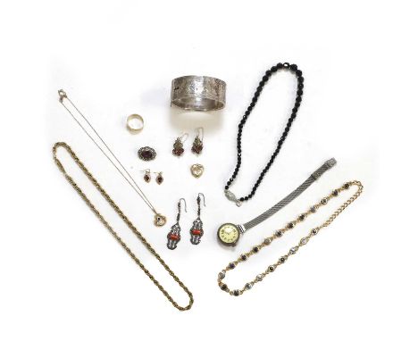 A group of gold, silver and costume jewellery, a pair of Art Deco coral and marcasite drop earrings,to hook wire fittings, te