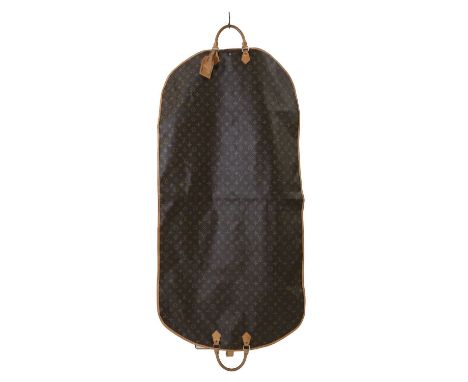 A Louis Vuitton monogrammed canvas garment bag, brass tone hardware and hook, leather edging, handles and luggage tag, press 