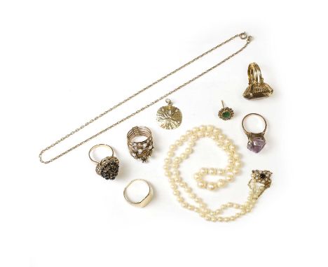 A group of gold and cultured pearl jewellery, comprising a quartz ring, stamped K18, tested as approximately 18ct gold, a cat