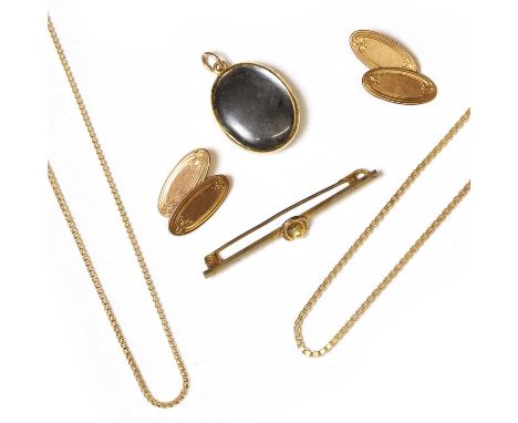 A small group of jewellery, a locket pendant, tested as approximately 18ct gold, hinge broken, a 9ct gold box link chain, 440