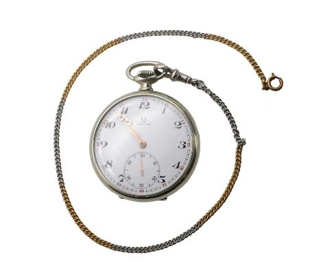 A top wind open faced Omega pocket watch, with a 46mm diameter white metal case, a white enamel dial, black Arabic numerals, 