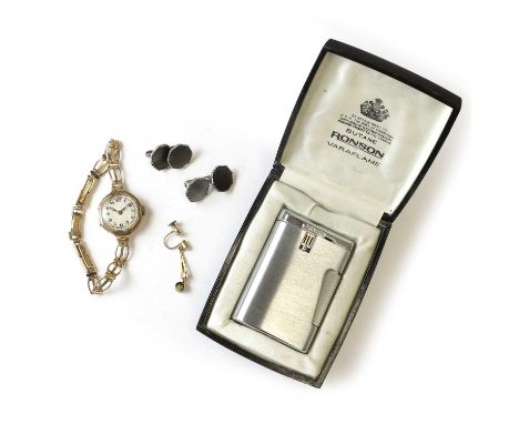A group of jewellery and a Ronson lighter, comprising a single gold split pearl and peridot drop earring, to a screw back fit