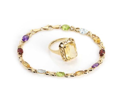 A 9ct gold vari colour gemstone bracelet and a single stone citrine ring, a 9ct gold gold vari-colour gemstone bracelet,with 