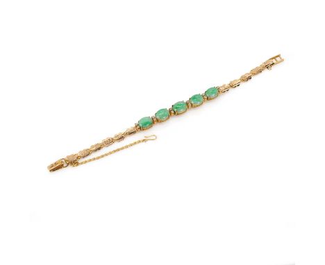 A jade and diamond bracelet, with five oval jade cabochons, claw set, alternating to two small round brilliant cut diamonds, 