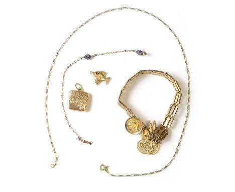 A small group of gold jewellery, a gate link bracelet with a heart shaped padlock, stamped 9ct, suspending six gold charms, i