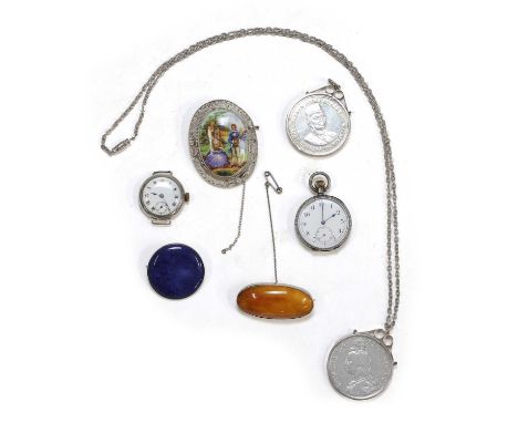 A group of silver time pieces and jewellery, comprising an ornate engraved case, 31mm diameter, a white enamel dial, black Ar