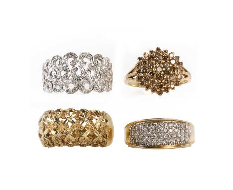 A small group of 9ct gold rings, comprising a 9ct white gold diamond open scroll ring, 13mm wide, Birmingham 2002, a 9ct gold