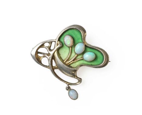 A German Jugendstil opal and enamel brooch, by Meyle & Mayer, c.1900,  the whiplash design frame, embellished with cabochon o