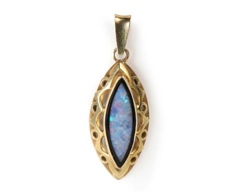 A marquise shaped black opal doublet pendant, with a pierced scalloped frame. Dutch assay marks 585 for 14ct gold, 75gConditi
