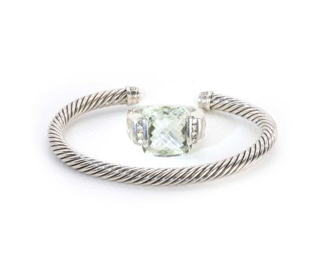 A silver torque bangle and a prasiolite ring, by David Yurman, a sterling silver torque bangle, by David Yurman,to terminals 