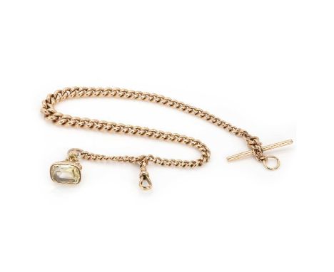 A 9ct rose gold Albert chain with a citrine fob, the Albert chain with solid graduated curb links, suspending a T bar and a g