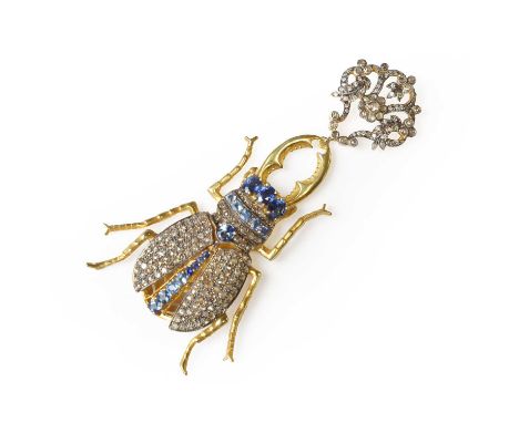 A silver gilt sapphire and diamond stag beetle pendant,  the pendant set throughout with rose cut diamonds and oval cut, cush