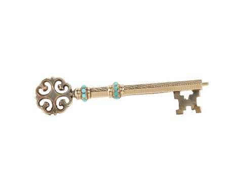 A key form propelling pencil, with an engine turned hexagonal barrel and turquoise set bands. Barrel tested as approximately 
