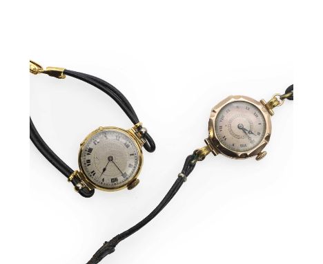 Two ladies' gold mechanical strap watches, comprising a ladies' 18ct gold mechanical strap watch, with a round 25mm diameter 