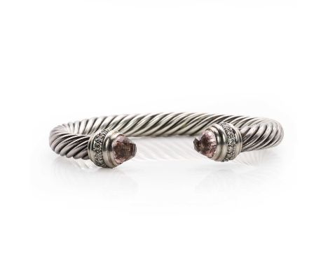 A silver morganite and diamond torque bangle, by David Yurman, an open oval twist design, with chequerboard cut morganite ter