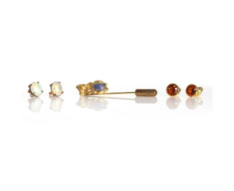 A small group of jewellery, comprising a pair of gold and citrine stud earrings, a pair of gold and opal stud earrings, both 