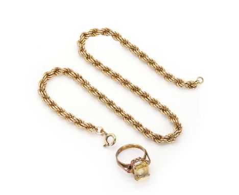 A 9ct gold rope twist link chain, with hollow twist rope links, to a bolt ring, 95mm long, Birmingham import mark, and a citr