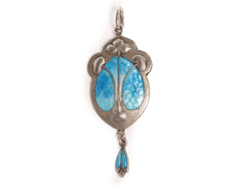An Arts & Craft silver and enamel pendant, by James Fenton, the shield form pendant with heart shaped leaves and drop, decora