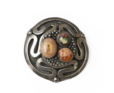 A Modernist sterling silver and opal brooch/pendant,   the Celtic inspired brooch, with a trio of freeform opal 'thunder egg'