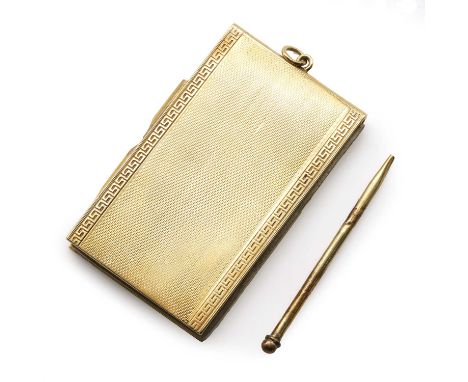 A gold notepad, with an engine turned pattern to the front and a Greek Key pattern down the sides, with a pencil, comes with 