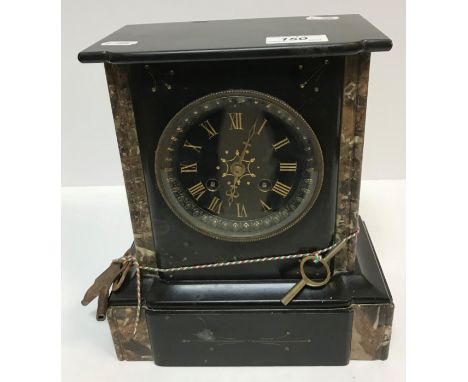 A late 19th Century slate and marble cased mantel clock, the eight day French movement with circular dial and Roman numerals,
