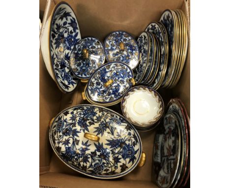 A collection of various English blue and white china wares including 19th Century Wedgwood "Peony" blue and white and gilt de