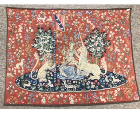 A modern machine woven tapestry of "Lion and Unicorn" approx 91.5 cm x 67.5cm 