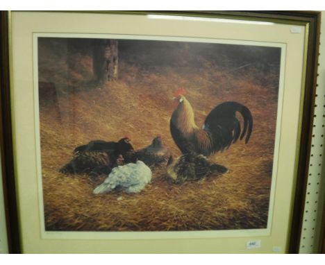 AFTER BEV TAYLOR "Chickens in a barn with cockerel", colour print signed in pencil, artist's proof, image size 44 cm x 54 cm,