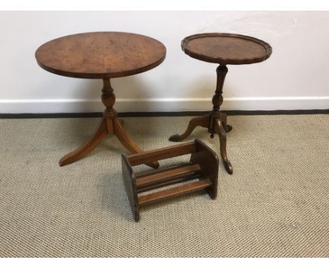 A Victorian walnut and inlaid single door music cabinet, two modern pedestal occasional tables, two director's chairs, oak re