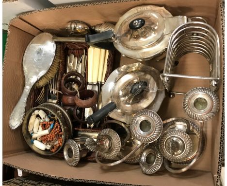 A box of assorted silver and plated wares to include plated eight section toast rack of large proportions, teapot and hot wat