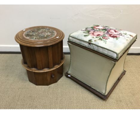 A Victorian mahogany cylindrical commode stool with rising lid, 42 cm diameter x 46 cm high, together with an ottoman stool o