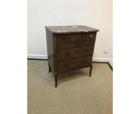 A circa 1900 French kingwood and satinwood strung commode, the Rosso marble top over three long drawers with pressed brass ci