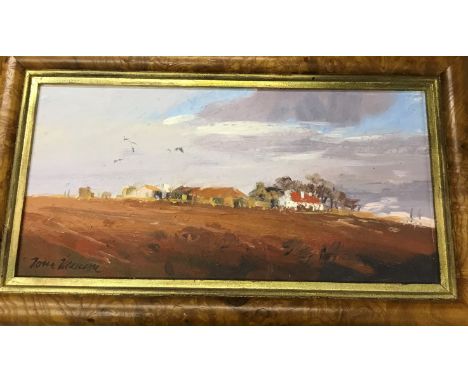 TOM MANSON "Farmstead in Autumn", oil on board, signed bottom left, image size approx 14 cm x 28.5 cm, together with TOM MANS