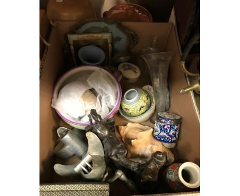 Three boxes of sundry miscellaneous items to include assorted glassware, shells, decorative china, etc