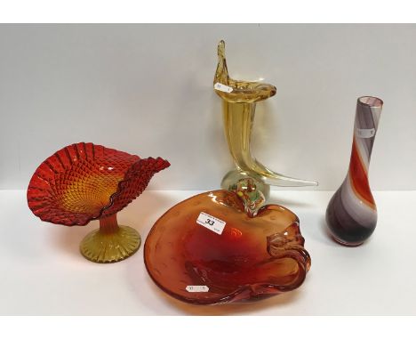 Four items of various coloured glassware including bubble glass leaf dish, 21 cm x 20 cm, a pressed glass handkerchief / hobn