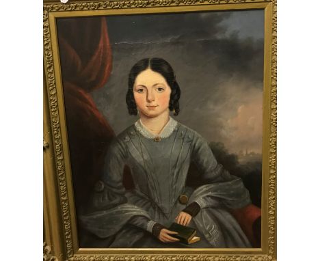 19TH CENTURY ENGLISH SCHOOL "Young lady with hair in ringlets seated upon a chair with a book in her right hand", a portrait 