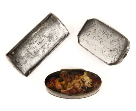 * Snuff box. A George III papier mache snuff box, of navette form with printed classical decoration depicting a nude male, wo